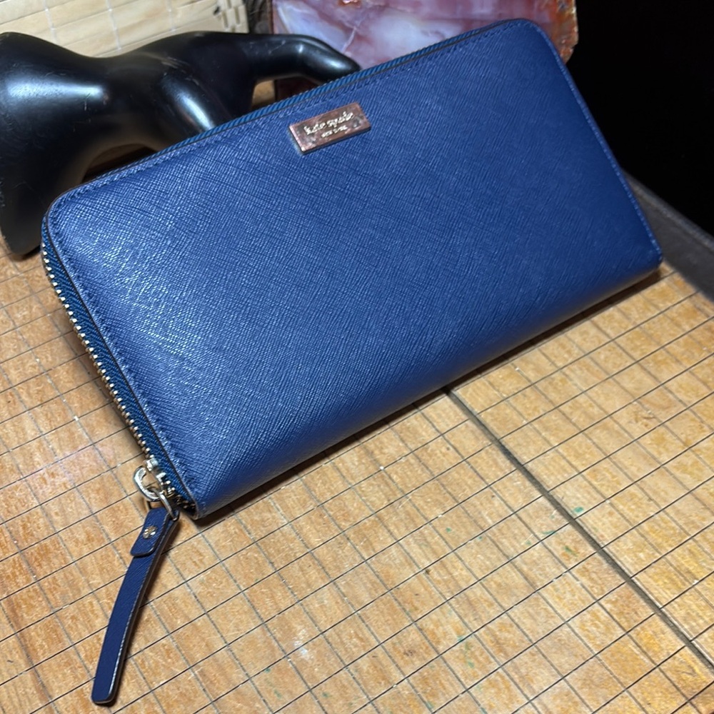 kate spade Safiano Leather Wallet Navy Dark Blue Zip Around 8”Lx4.25”Hx1”H - Picture 3 of 17